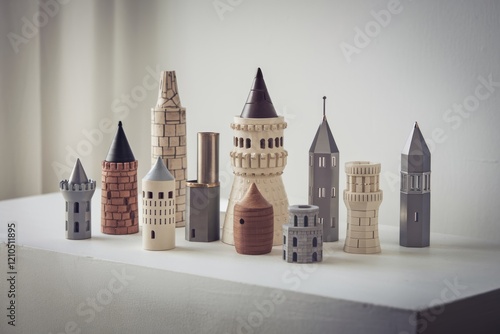 Collection of miniature castle towers in various styles and colors.