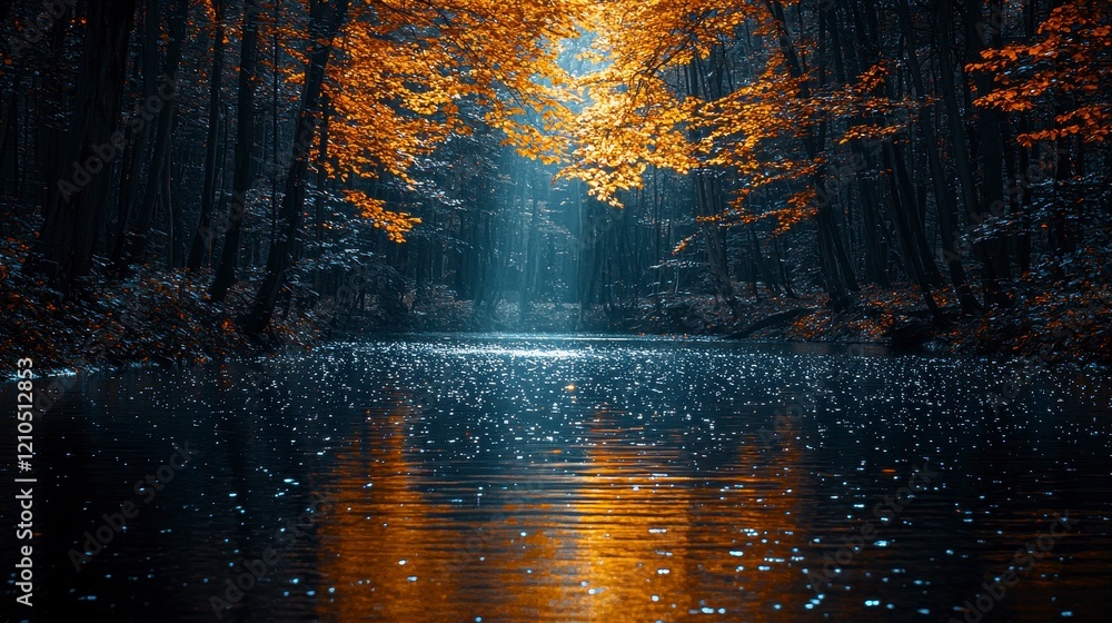 Naklejka premium Serene autumnal forest scene with a calm river reflecting golden leaves and sunlight.