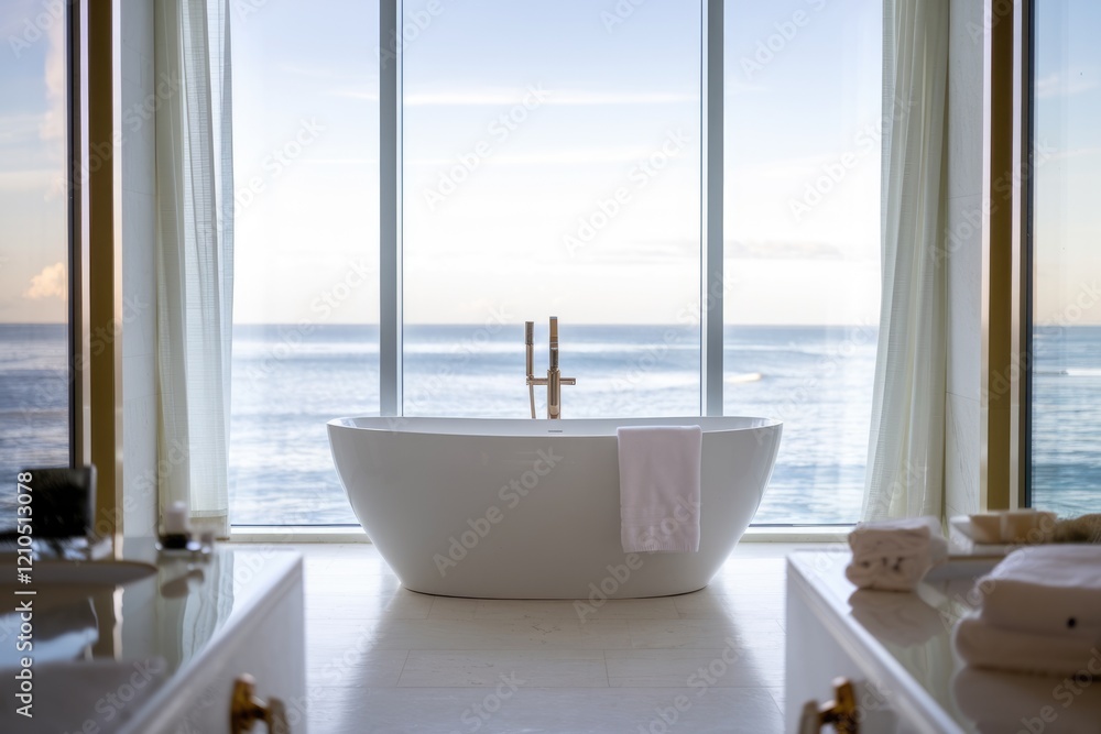 Luxury freestanding bathtub with ocean view, offering a tranquil spa-like experience. Luxury freestanding bathtub with ocean view, offering a tranquil spa-like experience.