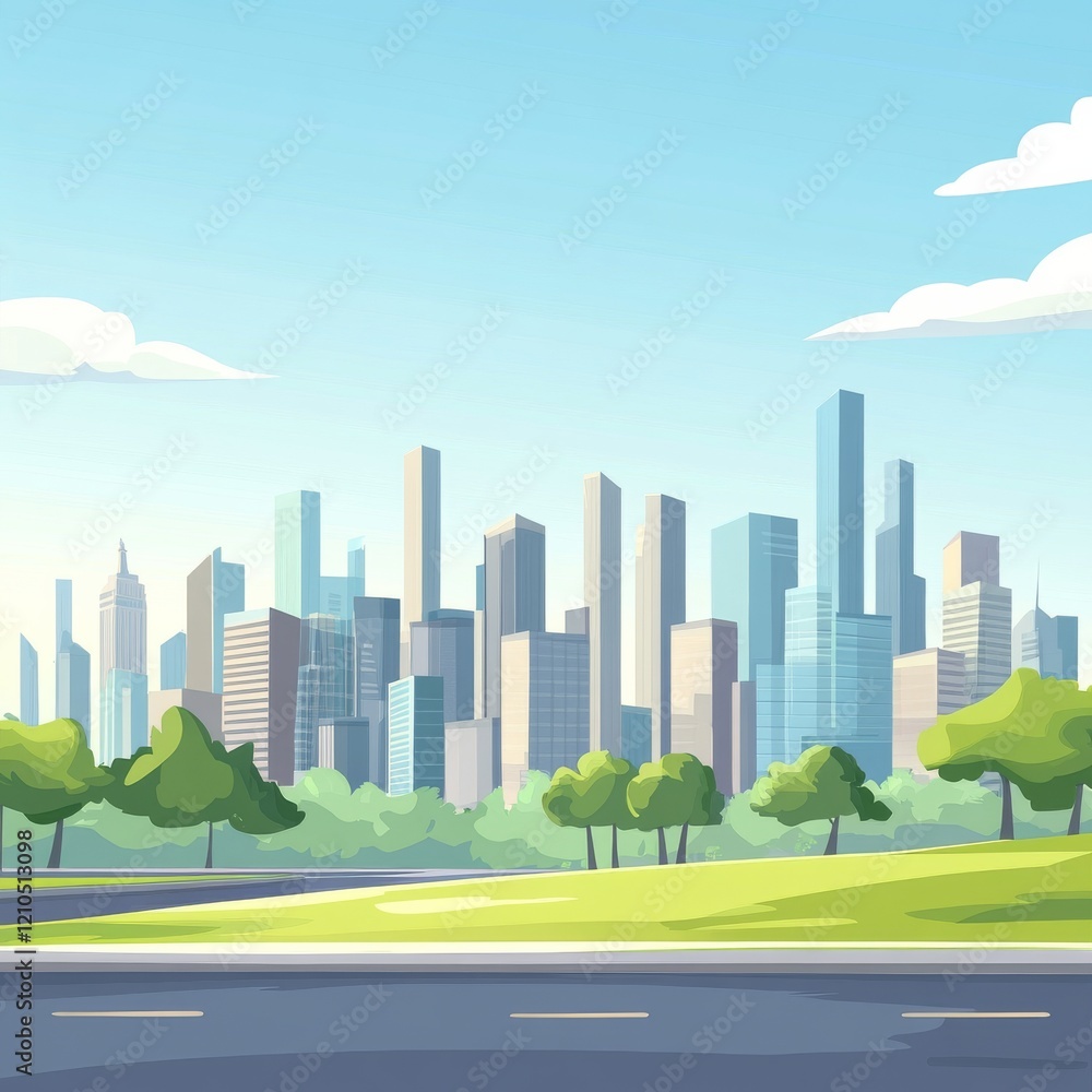 Obraz premium A cartoon city skyline with skyscrapers and a green park on the side of the road, a flat design illustration in a vector style, with simple shapes, colorful and cute, in a cartoonish style, high resol