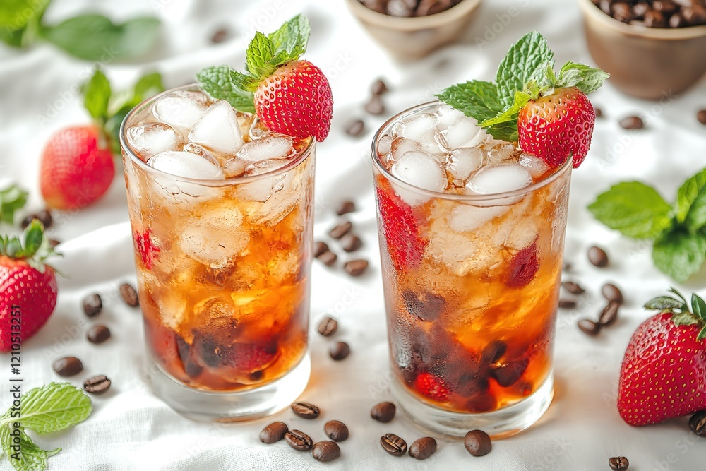 Refreshing iced coffee with strawberries and mint. Perfect summer beverage! Refreshing iced coffee with strawberries and mint. Perfect summer beverage!