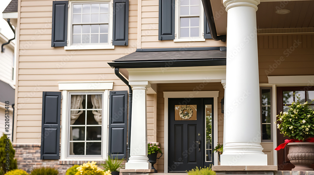 Elegant Home Exterior with Classic Columns and Shutters. Beautiful architectural details and landscaping create a welcoming entrance. Perfect for real estate listings and home design inspiration. Elegant Home Exterior with Classic Columns and Shutters. Beautiful architectural details and landscaping create a welcoming entrance. Perfect for real estate listings and home design inspiration.