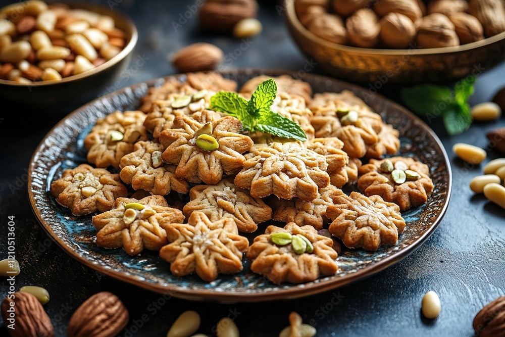 Fototapeta premium A plate of traditional Middle Eastern cookies with nuts, including walnuts and pistachios, on a dark background.