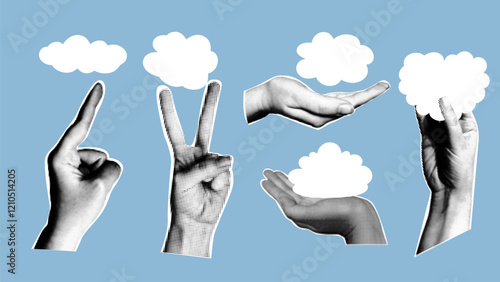 Retro collage with hands and fluffy white clouds. Vector illustration