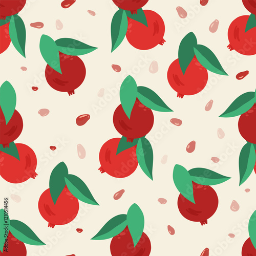 A bright pattern with pomegranates, leaves and fruit pits on the background. Vector seamless pattern in a flat style. Summer textile print, wrapping paper, holiday wrap.