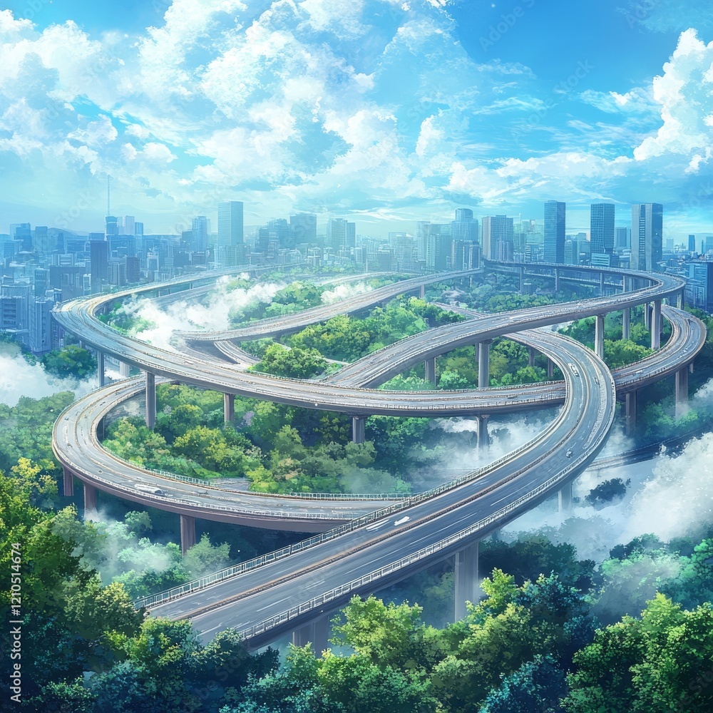 Fototapeta premium claystyle,The background is a blue gradation of haze, with city buildings in the distance, winding roads, greenery, and bridges, blue sky and white clouds 