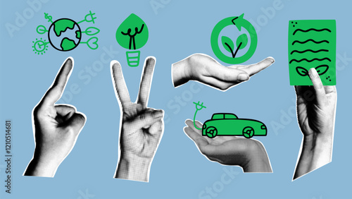 Collage the concept of ESG - Environmental, social, and corporate governance. Green business, sustainable development  and technology set.