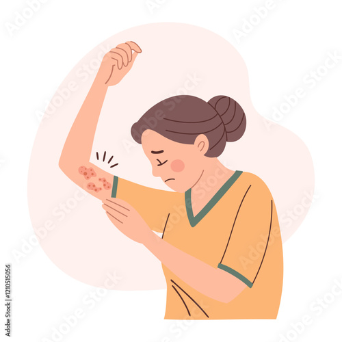 Woman with itchy skin rash. Allergic itching, skin inflammation, redness and irritation. Healthcare and medicine.
