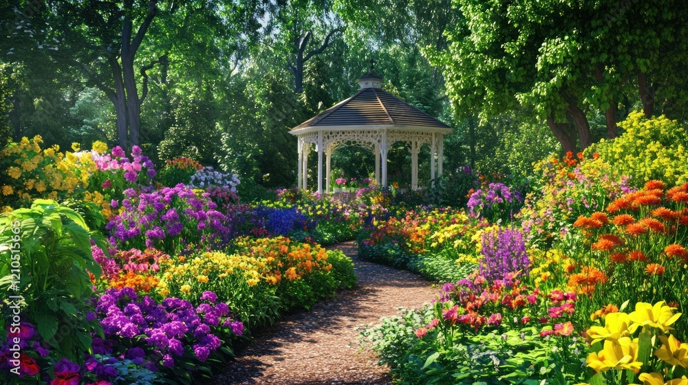 Obraz premium Vibrant Floral Paradise: A Serene Gazebo in a Blooming Garden