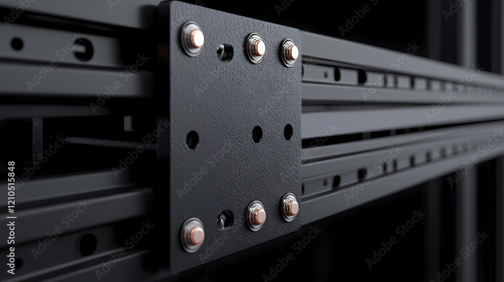 Close-up of a metallic linear rail system featuring a mounting plate with screws, typically used in machinery for smooth motion. Close-up of a metallic linear rail system featuring a mounting plate with screws, typically used in machinery for smooth motion.
