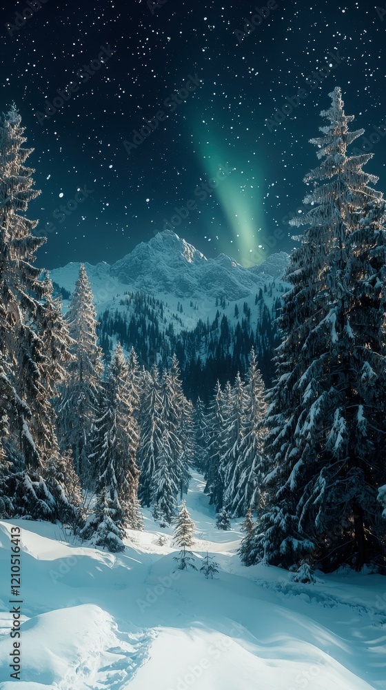 Winter night scenery with Aurora Borealis over snow mountain and trees, Generated AI Winter night scenery with Aurora Borealis over snow mountain and trees, Generated AI