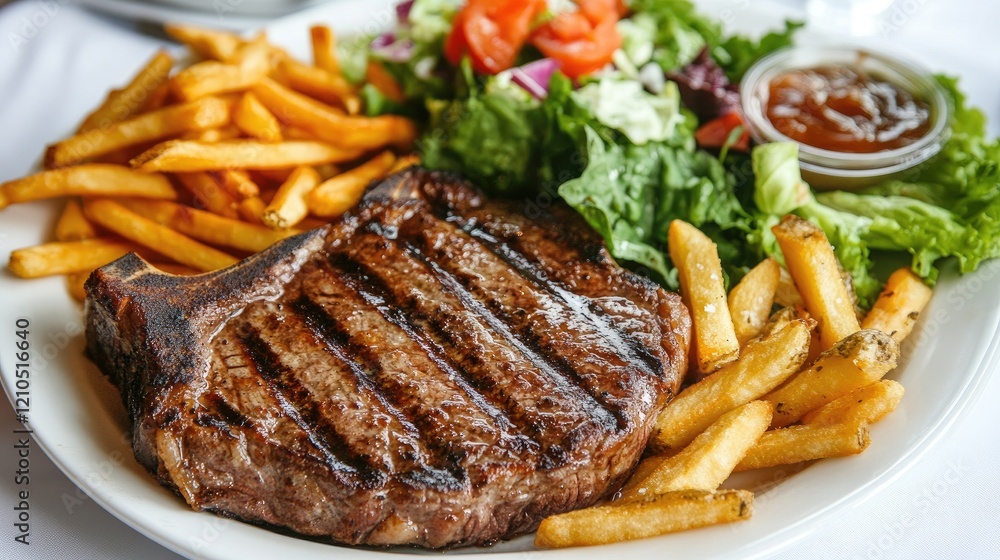 A beautifully presented steak dinner featuring a grilled ribeye steak with a side of crispy fries and a fresh salad, arranged on a white tablecloth. A beautifully presented steak dinner featuring a grilled ribeye steak with a side of crispy fries and a fresh salad, arranged on a white tablecloth.