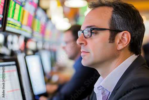  A bustling Stock Exchange scene with traders, computers, and monitors, representing financial transactions and market activity photo