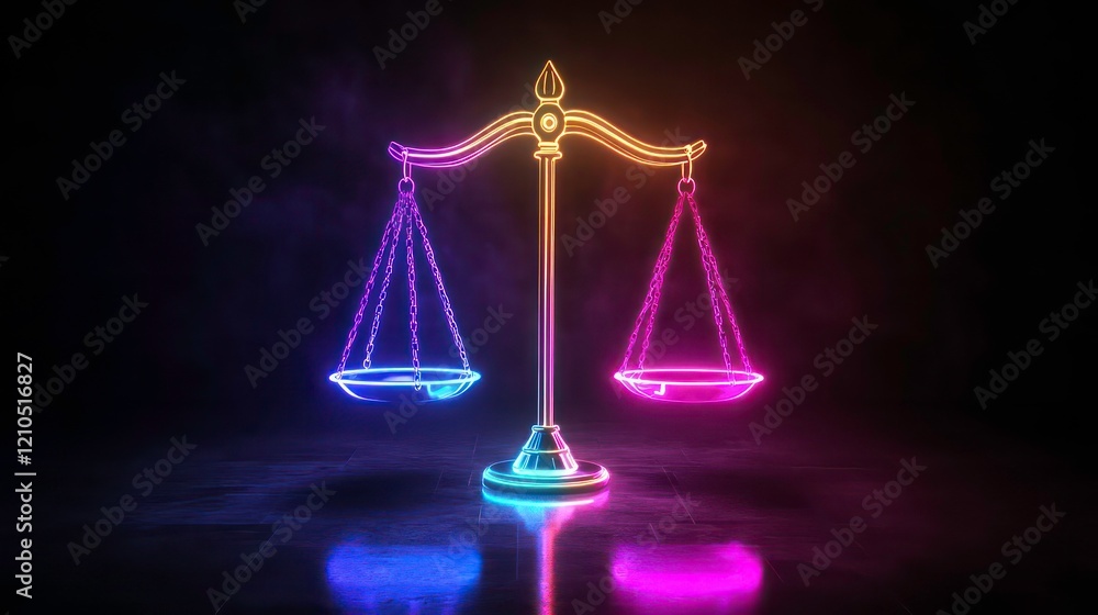 Neon scales of justice glowing in dark. Neon scales of justice glowing in dark.