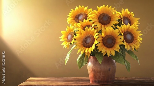 Wallpaper Mural A bouquet of sunflowers arranged in a rustic vase, with bright yellow blooms contrasting against a wooden table and a simple, natural background. Torontodigital.ca