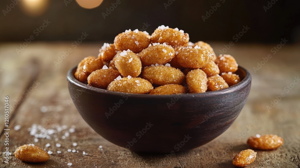 A bowl of roasted almonds with a sprinkle of sea salt, placed on a rustic wooden table, with a focus on their golden-brown color and crunchy texture. A bowl of roasted almonds with a sprinkle of sea salt, placed on a rustic wooden table, with a focus on their golden-brown color and crunchy texture.