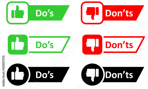 Dos and donts icons line speech bubble; like thumbs up icon or thumb down label banner.
