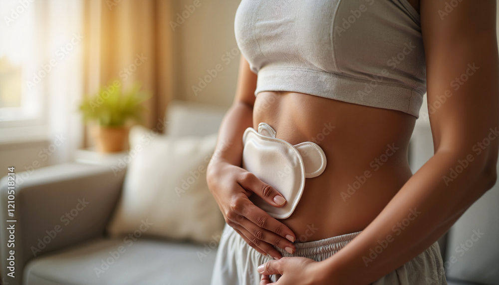 Young Black woman soothing pain with heating pad in cozy living room, comfort Young Black woman soothing pain with heating pad in cozy living room, comfort