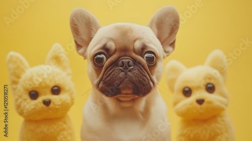 A cute French Bulldog puppy stands between two miniature yellow dog statues against a bright yellow background. photo