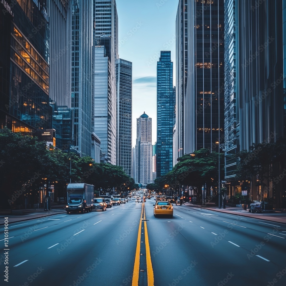 Fototapeta premium realistic photo view of a wide street with skyscrapers