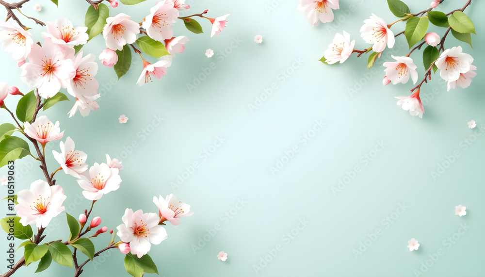 Fondo con flores primaverales, ramas de cerezo en flor sobre fondo verde claro pastel Fondo con flores primaverales, ramas de cerezo en flor sobre fondo verde claro pastel