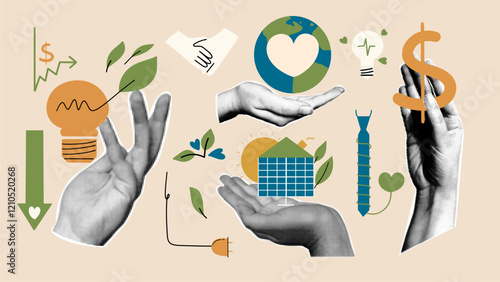 Green business collage, ESG elements with halftone hands. Sustainable energy concepts featuring solar panels, Earth, and eco-friendly elements