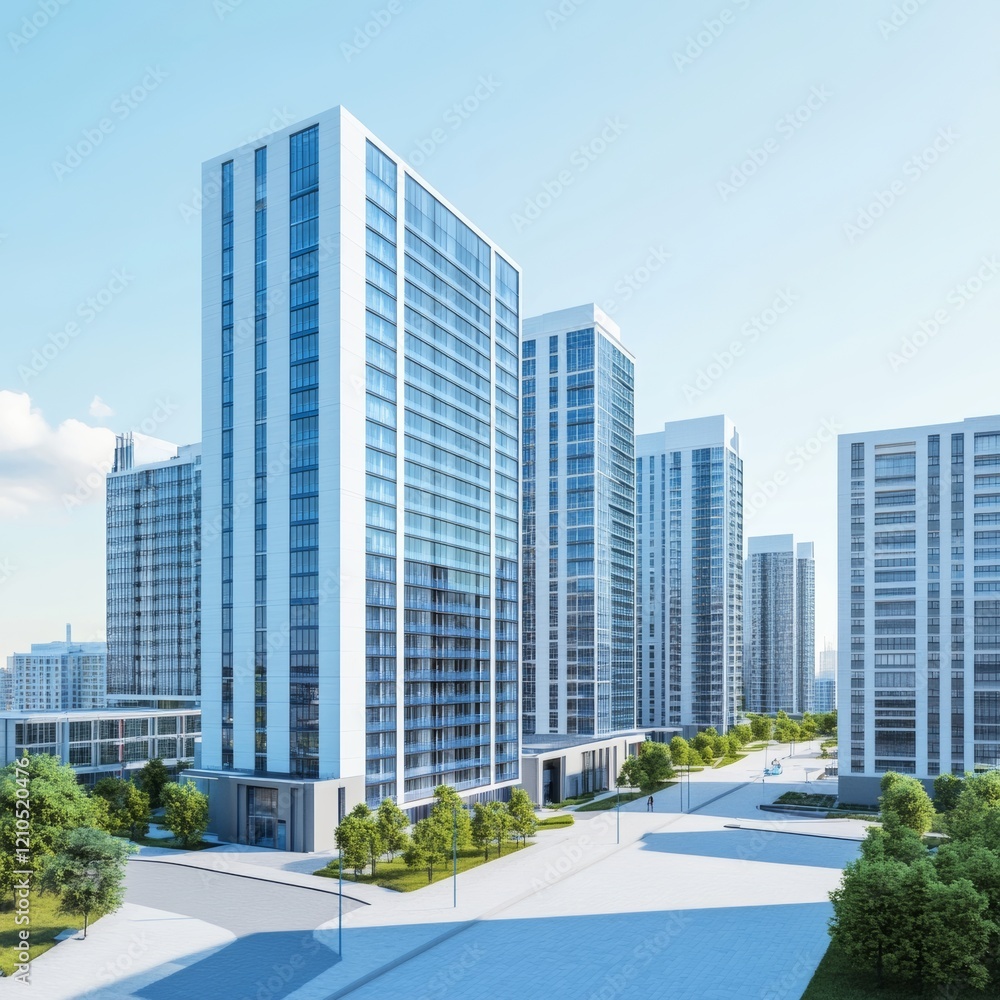 3D rendering of a modern city with high-rise buildings,with other residential blocks behind it 3D rendering of a modern city with high-rise buildings,with other residential blocks behind it