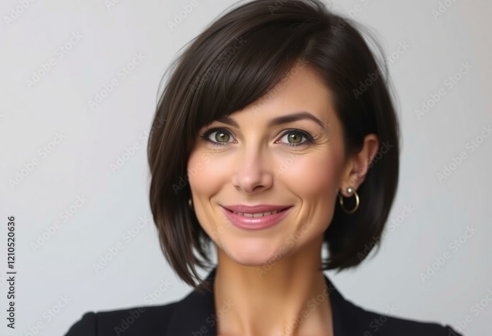 Woman with short hair, looking directly at the camera with a hint of a smile Woman with short hair, looking directly at the camera with a hint of a smile