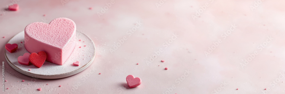 Obraz premium Heart-shaped mousse cake for Valentine's Day with copy space for text. Dessert with Valentine's Decorations and Powdered Sugar Garnish