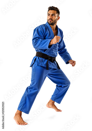 Obraz na płótnie Male Brazilian Jiu-Jitsu Fighter in Blue Gi on Active Motion, Isolated Background w salonie
