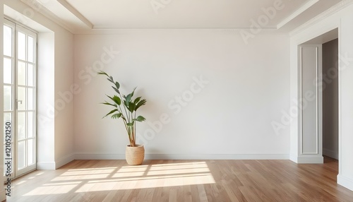 Light empty room with day light and a green potted plant on the floor. Mock-up, place for a product such as furniture