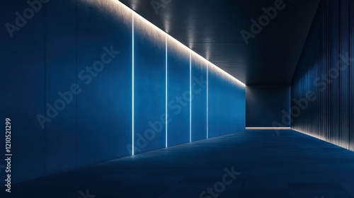 Dark blue hallway with subtle lighting and textured walls.