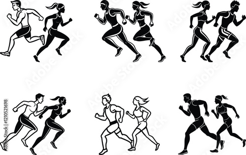 Male and Female Speed Runner set vector illustration design, Male and Female Speed Runner silhouette vector art, Male and Female Speed Runner line art vector