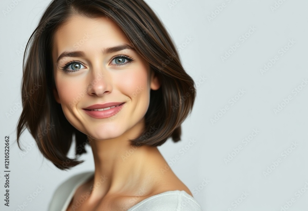 Portrait of a woman with short hair, gentle smile, and warm expression Portrait of a woman with short hair, gentle smile, and warm expression