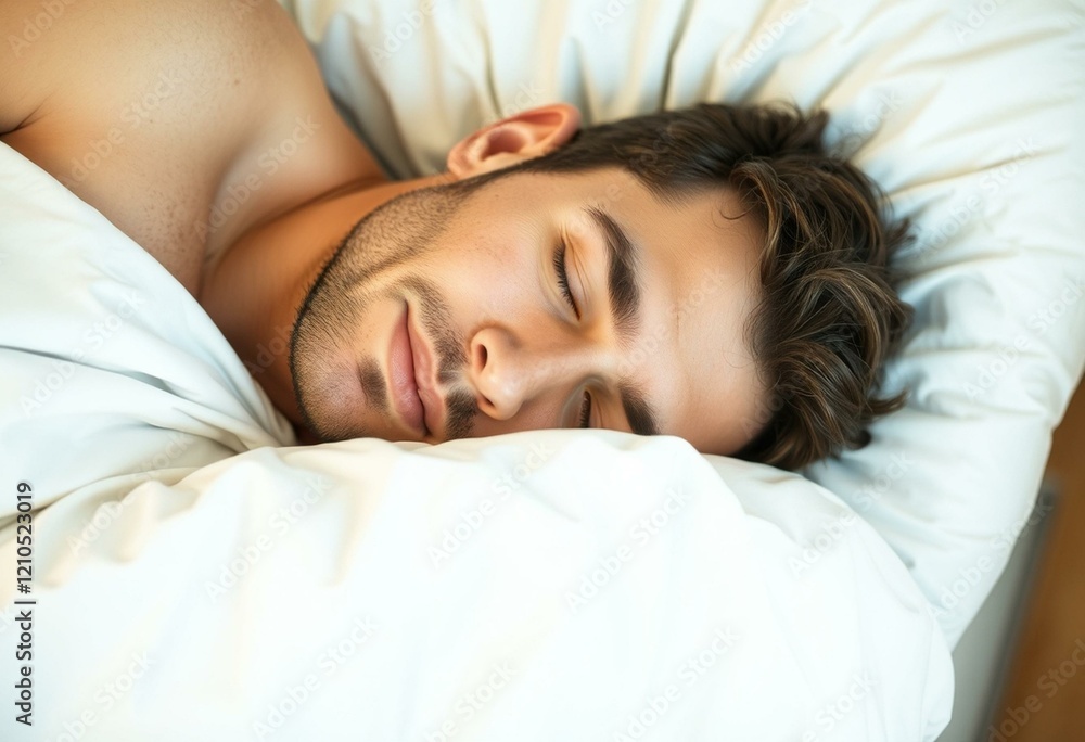 A sleeping male person on a soft, white bed