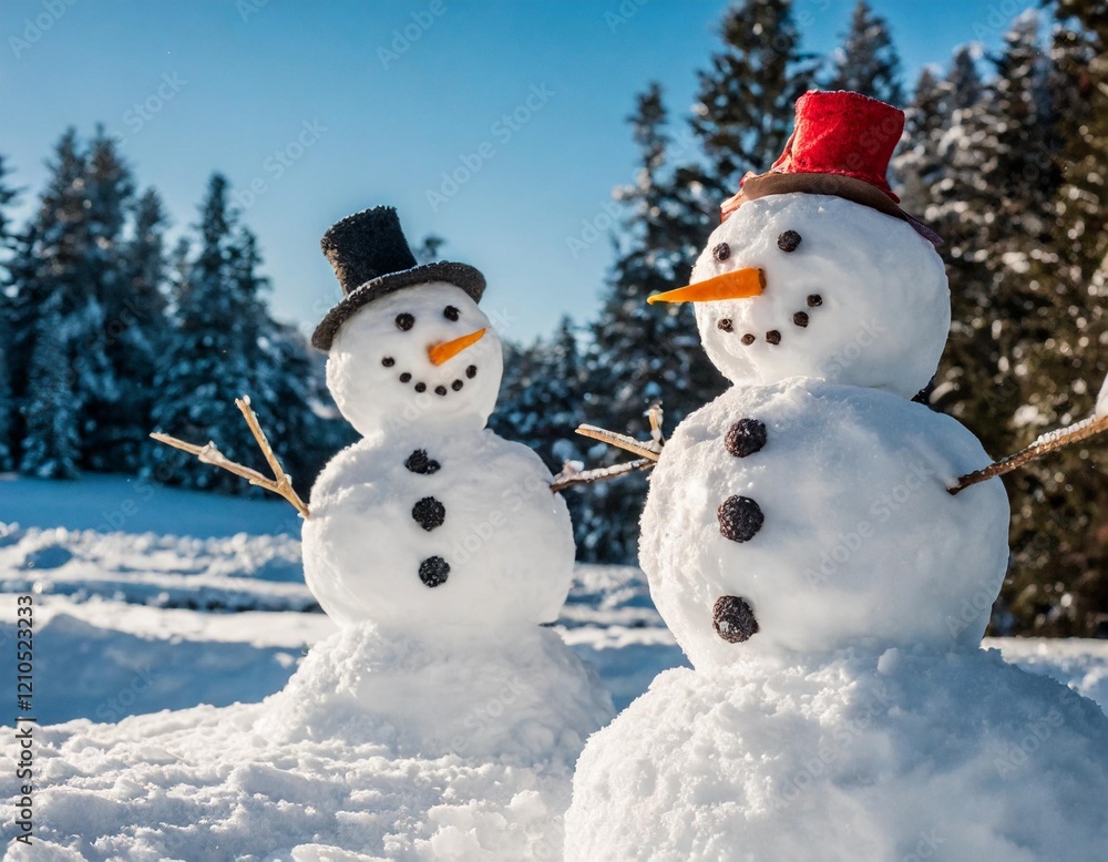 Fototapeta premium Two Cheerful Snowmen in a Winter Wonderland: Joyful Snow Sculptures Amid Frosty Snowflakes and Cold Weather