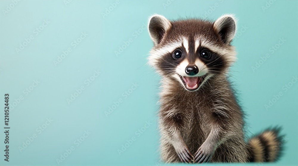 A raccoon cub with its mouth open and standing on its hind legs. A raccoon cub with its mouth open and standing on its hind legs.