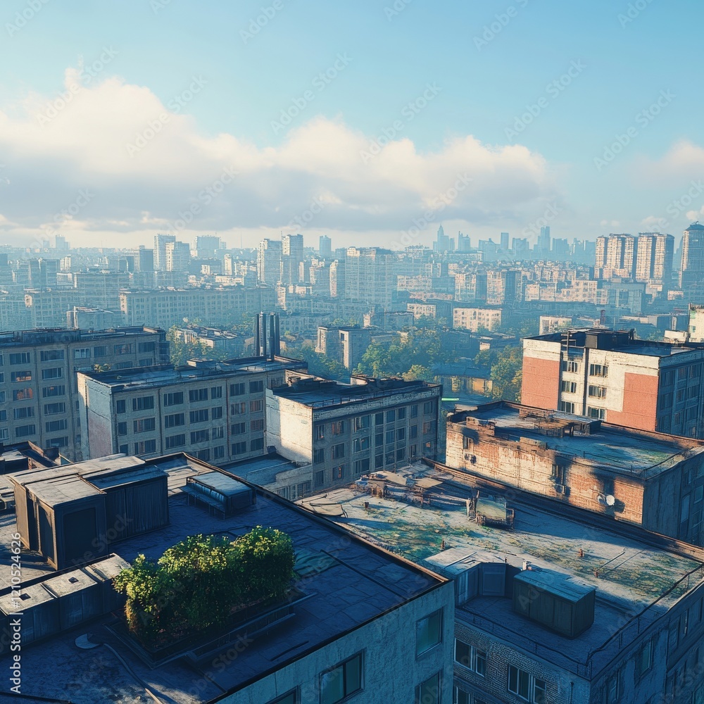 Obraz premium wide shot of hight angle see many buildings, Seeing the horizon in the distance, wide open sky, Saw a lot of office roofs, plants, natural light simulation, Blue and bright shades, detailed textures