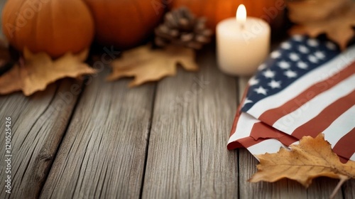 A cozy autumn scene featuring pumpkins, an inviting candle, and fallen leaves next to a folded flag, Ideal for themes related to Thanksgiving, patriotism, or seasonal decor, photo