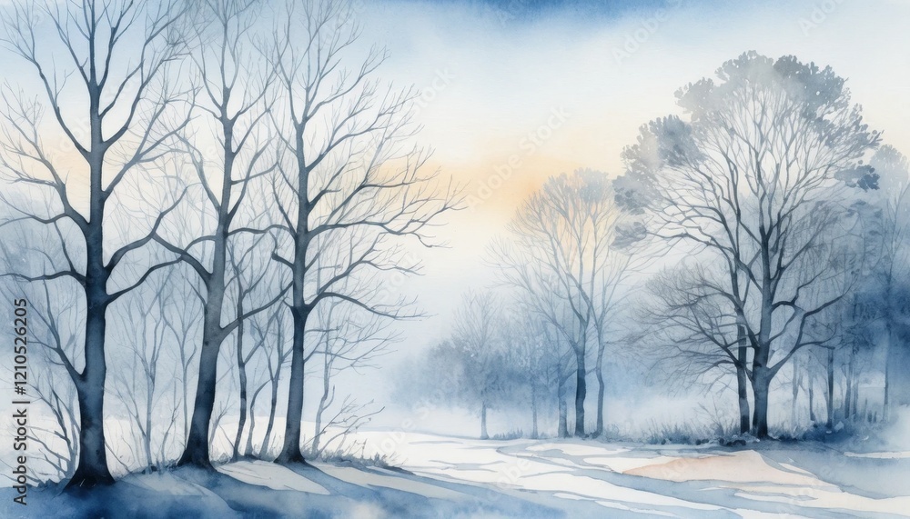 Naklejka premium Watercolor illustration captures the elegant silhouettes of bare trees against a soft, misty background just before dawn, evoking a sense of calm and peace in nature.