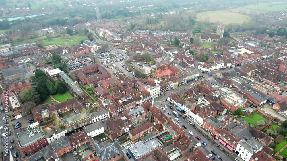 Aerial view of the Farnham High Street and town center, famous historical location in Surrey, England. Misty Winter day Aerial view of the Farnham High Street and town center, famous historical location in Surrey, England. Misty Winter day