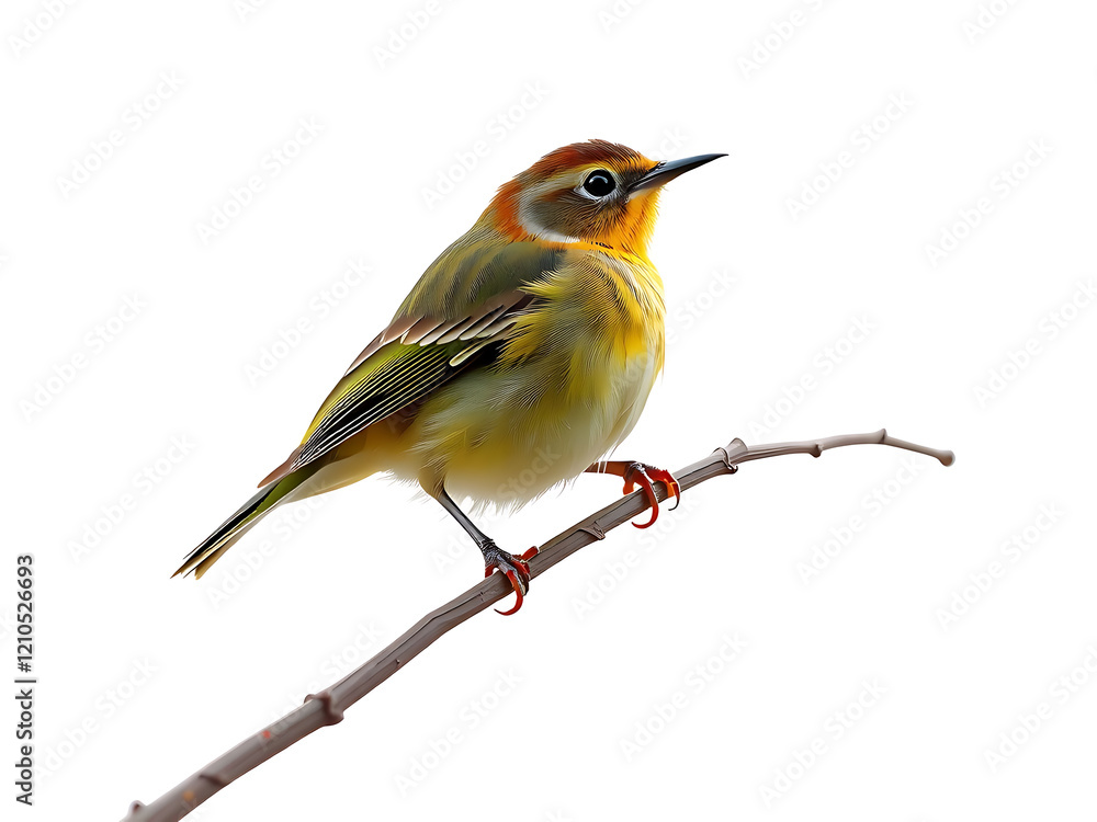 Fototapeta premium Acadian Flycatcher perched gracefully on a seamless white background, showcasing its olive-green plumage, distinctive yellow underparts, and subtle eye-ring, embodying the essence of avian beauty.