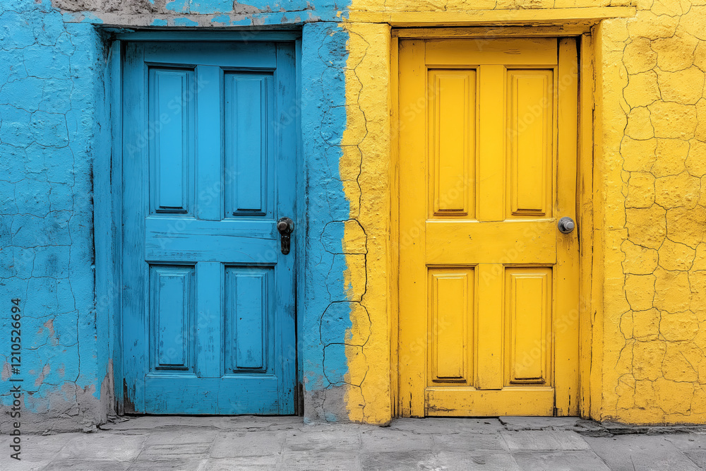 Vivid contrast of blue and yellow doors on a textured wall Vivid contrast of blue and yellow doors on a textured wall