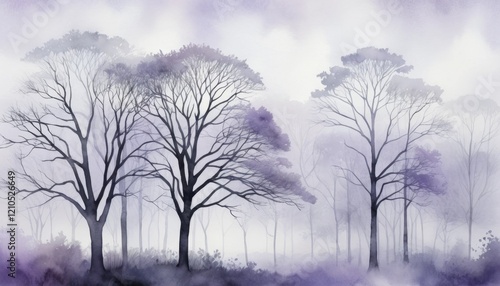 Wallpaper Mural Silhouetted bare trees rise against a subtle misty background, their dark shapes contrasting with soft washes of purple. This calming watercolor evokes an atmosphere of stillness and introspection. Torontodigital.ca