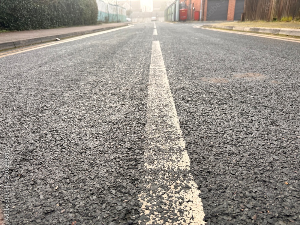 Fototapeta premium Freshly painted white road markings on a clean suburban street at sunrise.
