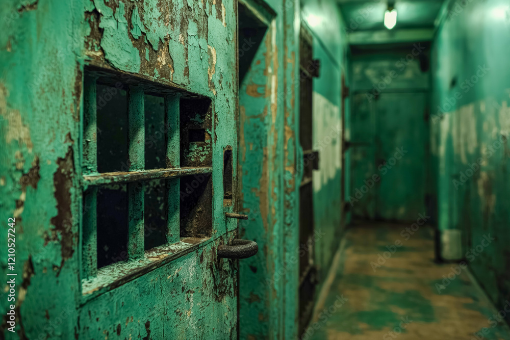 Old green prison corridor with peeling paint and rusted metal bars Old green prison corridor with peeling paint and rusted metal bars