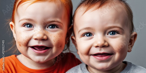 Cute happy smiling two baby little children kids portrait girl and boy twins together friendly fun freckled red-haired sister and brother people photo close-up