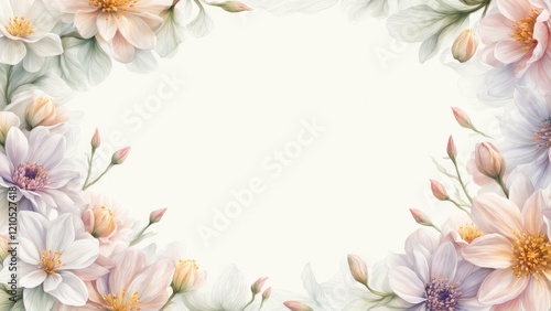 Spring flowers forming an intricate frame framing an empty white space. A background with a place to copy.