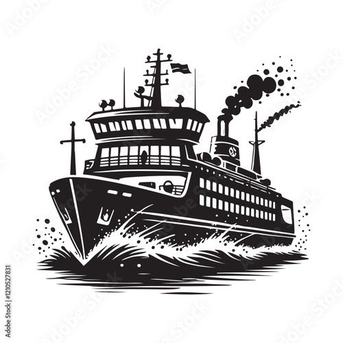 Powerful ferry ship moving through water in a bold black and white illustration.