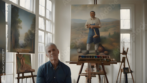 Artist sitting in a bright studio surrounded by paintings, including a large portrait of a man holding a tool in a pastoral landscape. The room is filled with natural light from tall windows photo